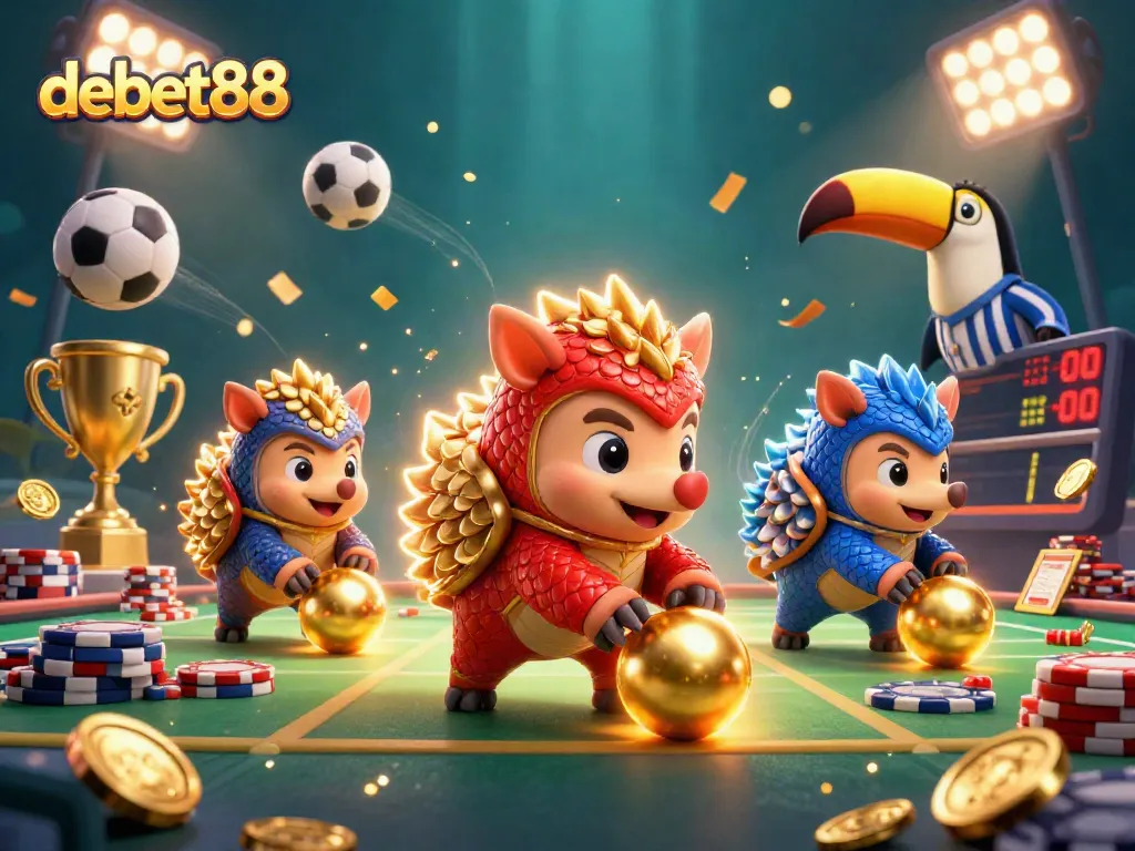 Engage with debet88's exciting sports betting world illustrated by rival pangolins bowling through poker chips.