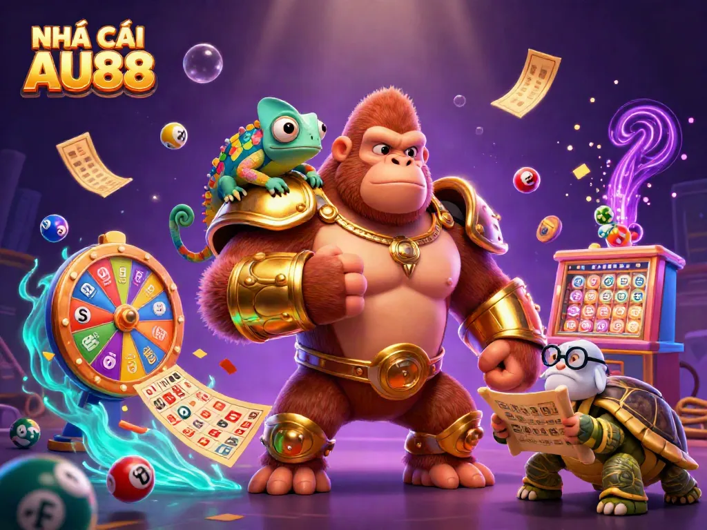 Experience exciting gaming action at NHÀ CÁI AU88 with dynamic casino elements and colorful lottery balls.