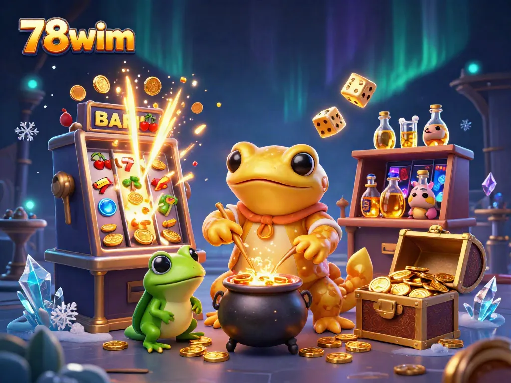 Experience the thrilling world of 78wim with vibrant casino and gold-themed 3D elements and characters.
