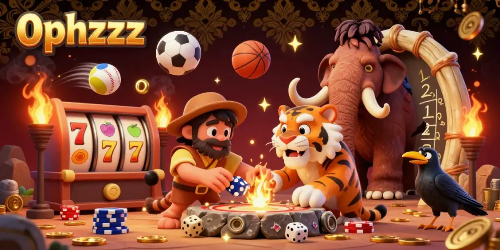 Experience thrilling gaming action at 0phzzz with a vibrant prehistoric casino showcasing unique stone poker chips and playful characters.