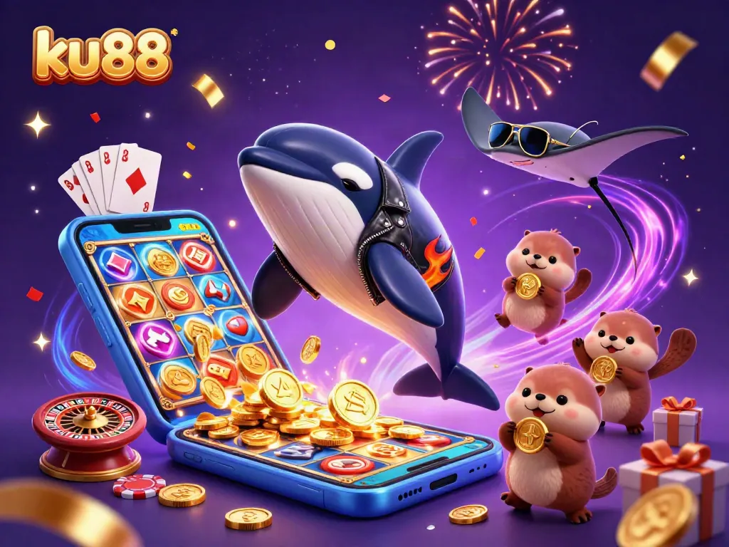 ku88 captures exciting moments with a dynamic orca, stingray, and otters amidst casino-themed elements.