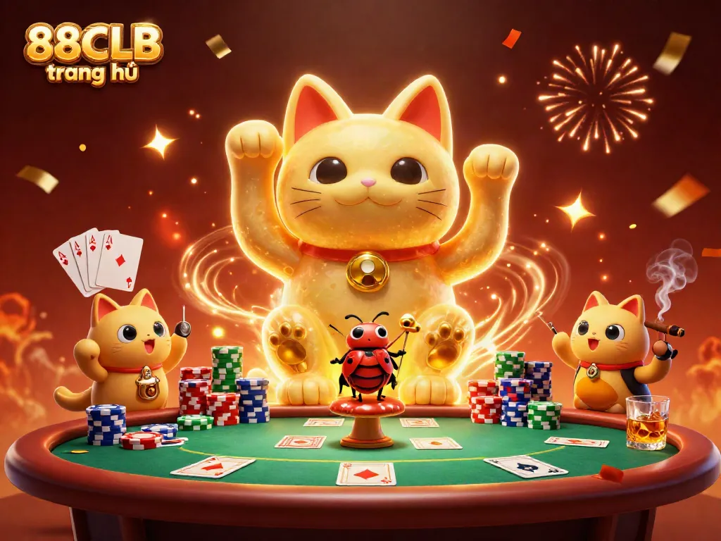 Experience thrilling gaming at 88CLB trang chủ with a vibrant scene featuring a giant lucky cat and poker elements.