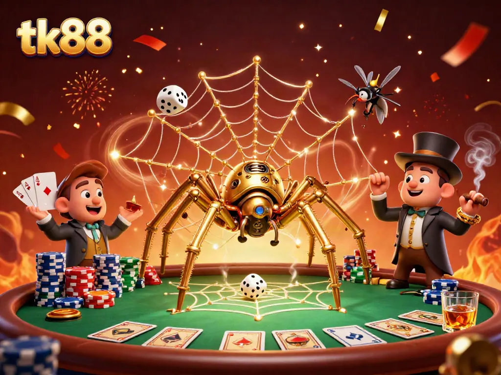 Experience thrilling gameplay at tk88 with a dynamic 3D casino scene featuring a steampunk spider and poker elements.