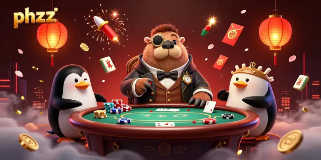 phzzz features an underwater poker scene with a walrus, penguin dealer, and pufferfish player bluffing