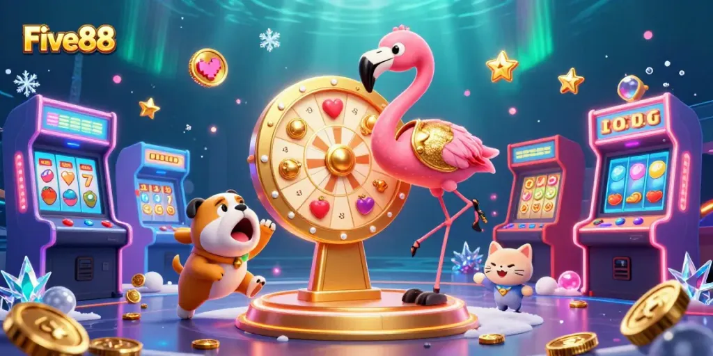 Spin the Five88 prize wheel for exciting casino rewards in this vibrant 3D scene.