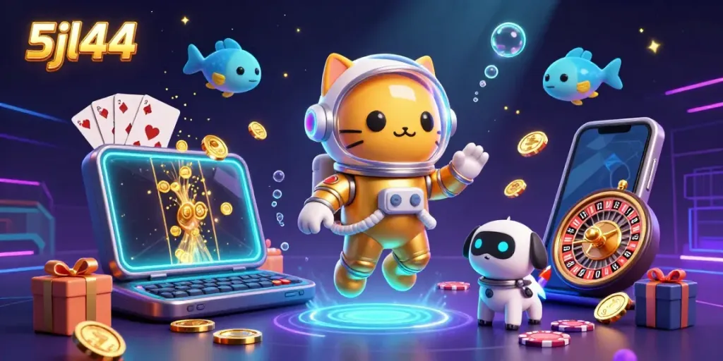 Experience the 5jl44 slot game excitement with a vibrant 3D astronaut cat illustration.