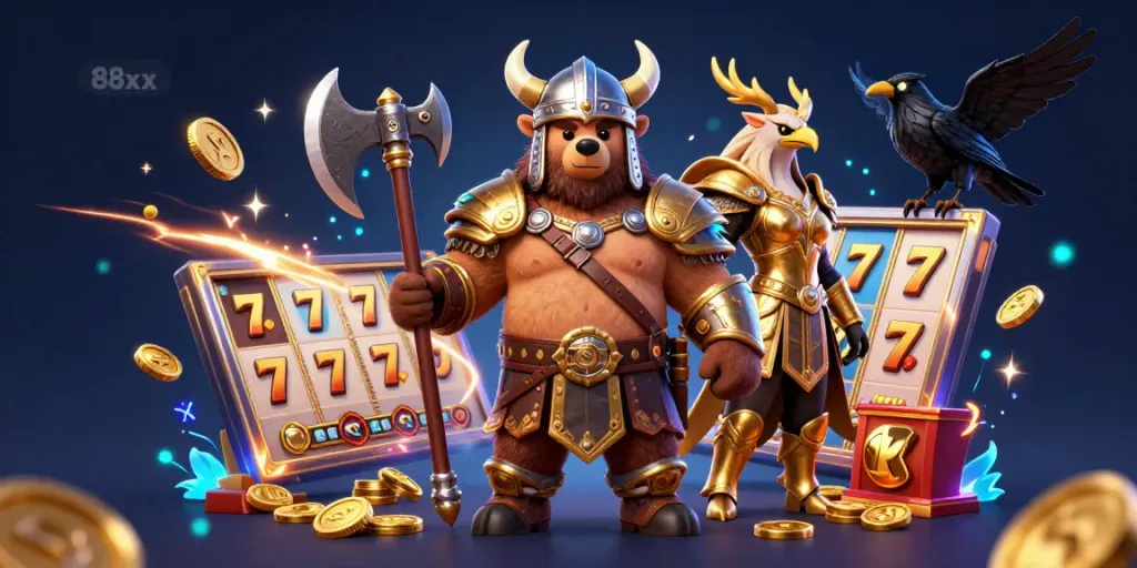 Engage in thrilling casino games at 88xx with a vibrant scene filled with epic characters, dynamic slot reels, and jackpot symbols.