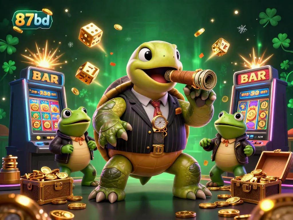 Experience thrilling gameplay and jackpots with 87bd, featuring cartoon turtle mobsters and vibrant casino elements.